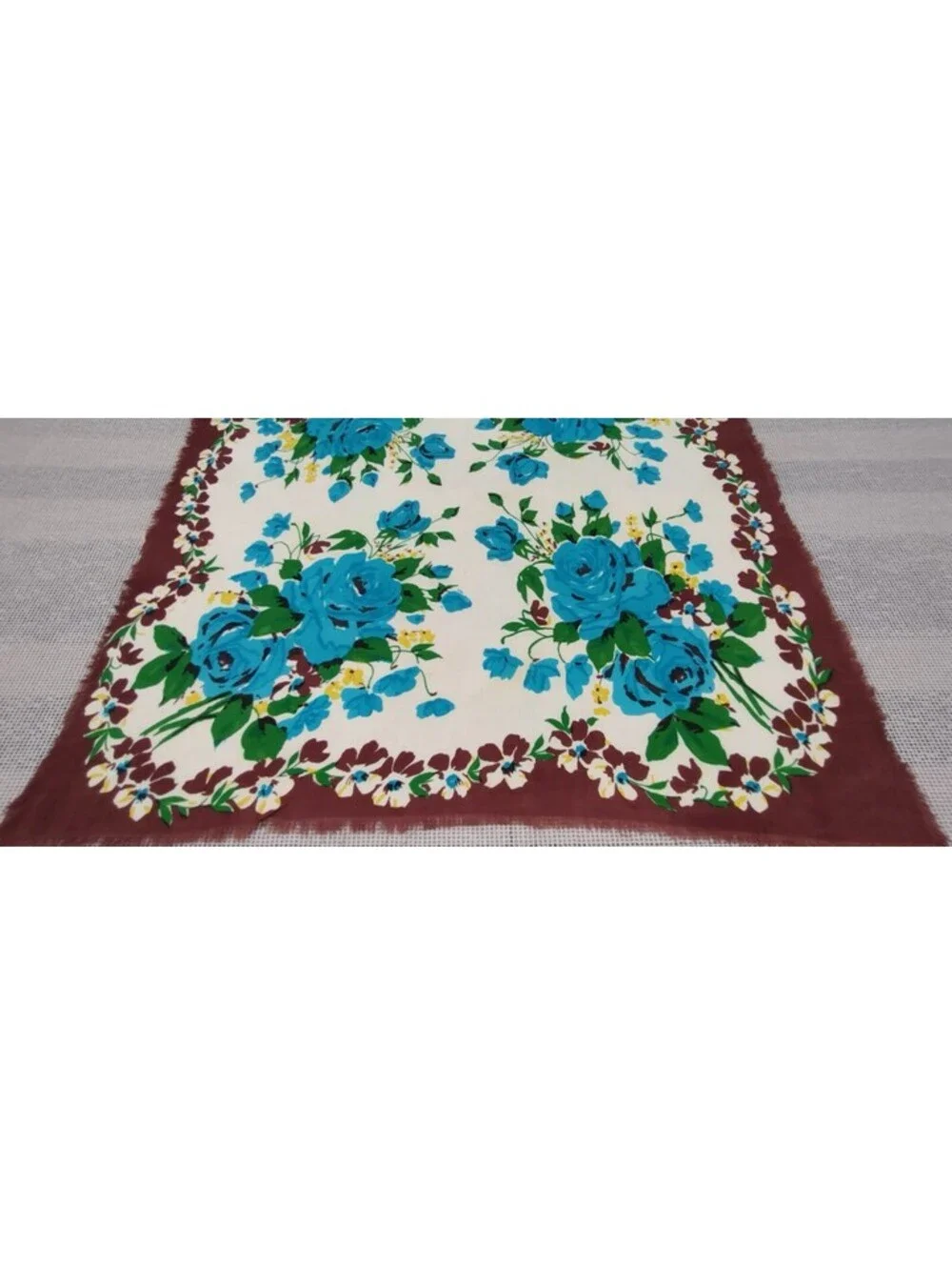 Vintage 1940s Turquoise Roses Cowboy Scarf 1950s Unisex Rockabilly Brown Rayon